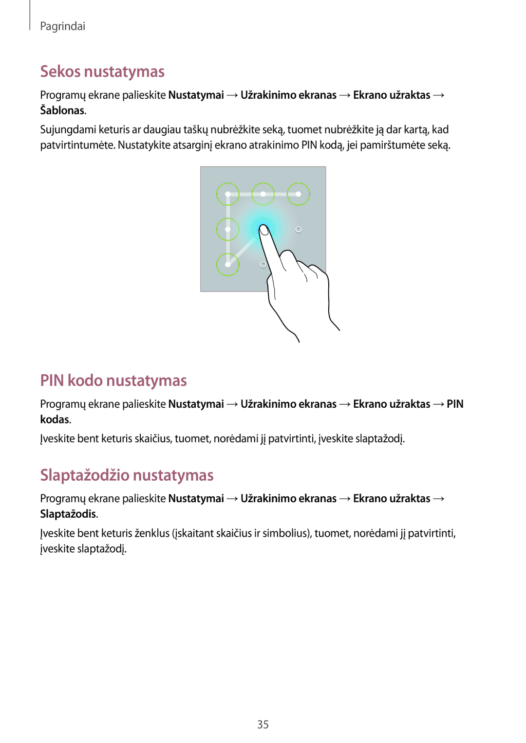 Samsung GT-P5220MKASEB, GT-P5220ZWASEB manual Sekos nustatymas, PIN kodo nustatymas, Slaptažodžio nustatymas 