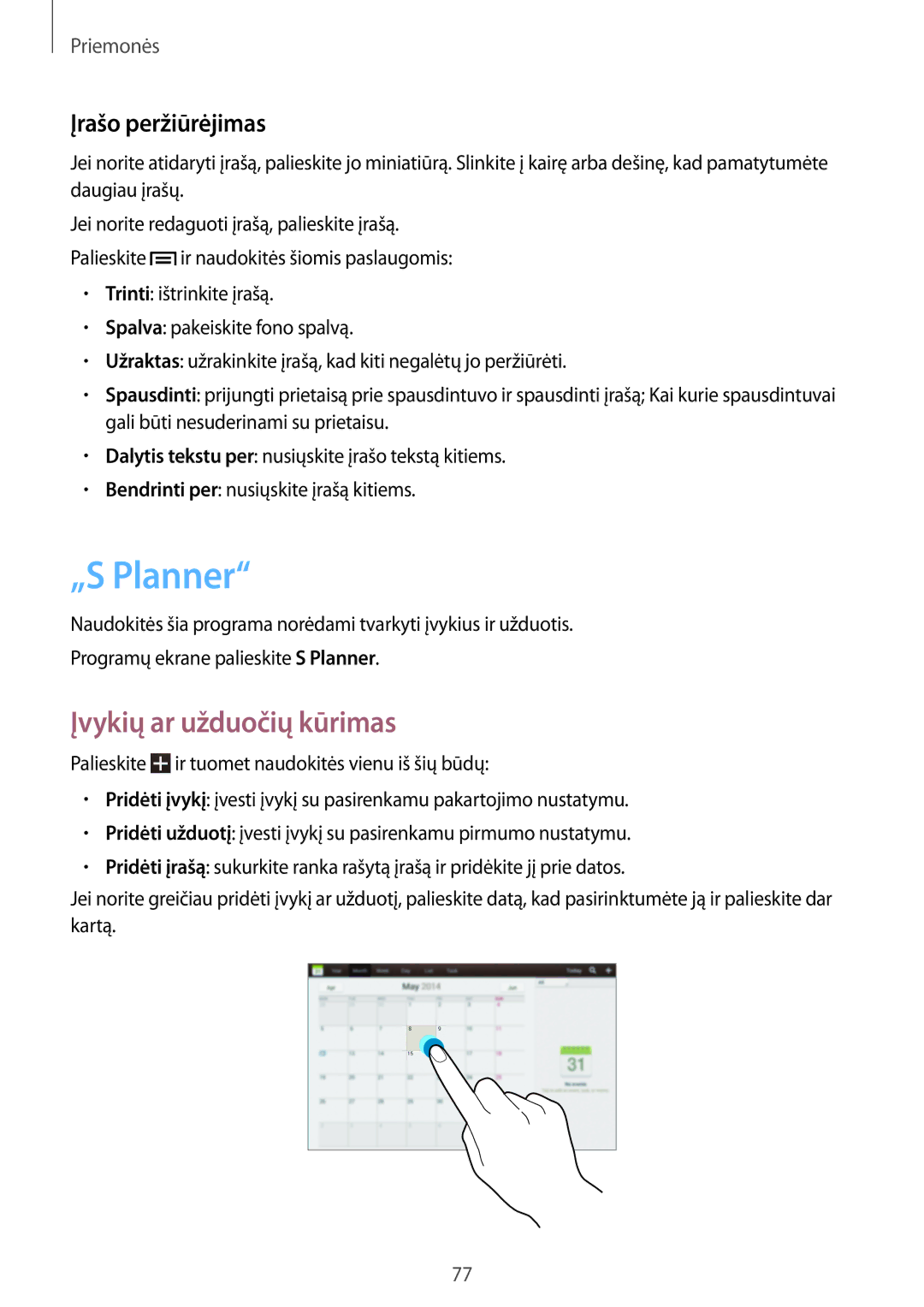 Samsung GT-P5220MKASEB, GT-P5220ZWASEB manual „S Planner, Įvykių ar užduočių kūrimas, Įrašo peržiūrėjimas 