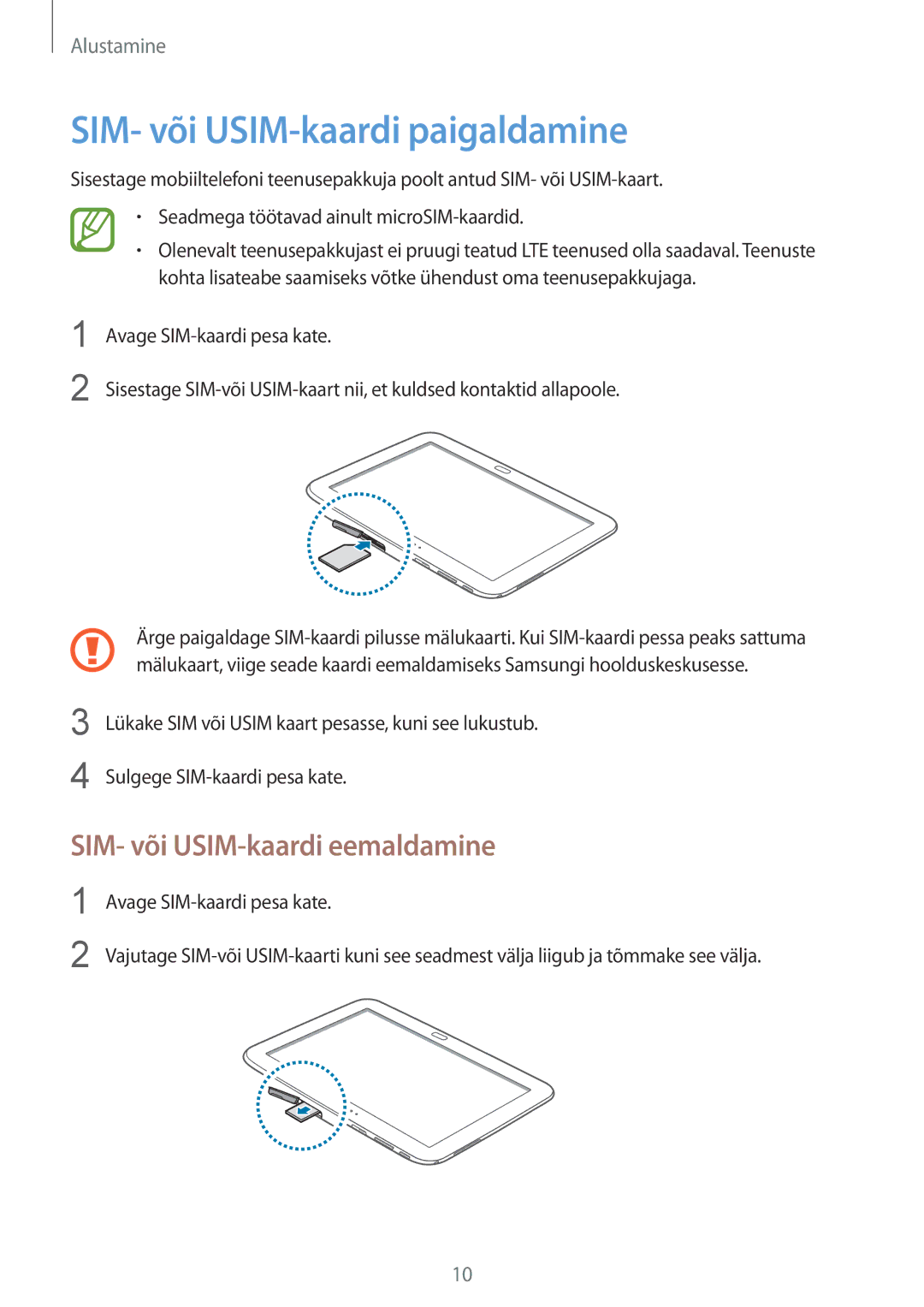 Samsung GT-P5220ZWASEB, GT-P5220MKASEB manual SIM- või USIM-kaardi paigaldamine, SIM- või USIM-kaardi eemaldamine 