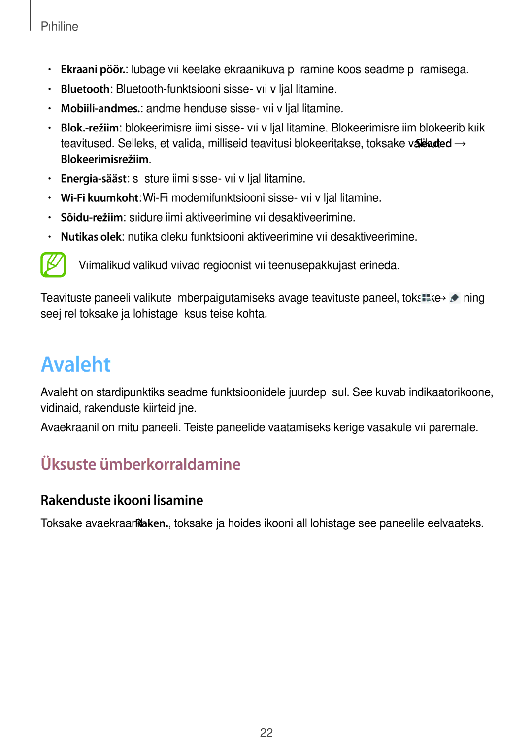 Samsung GT-P5220ZWASEB, GT-P5220MKASEB manual Avaleht, Üksuste ümberkorraldamine, Rakenduste ikooni lisamine 