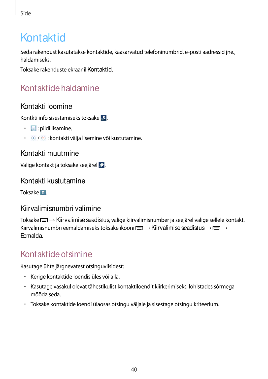 Samsung GT-P5220ZWASEB, GT-P5220MKASEB manual Kontaktide haldamine, Kontaktide otsimine 