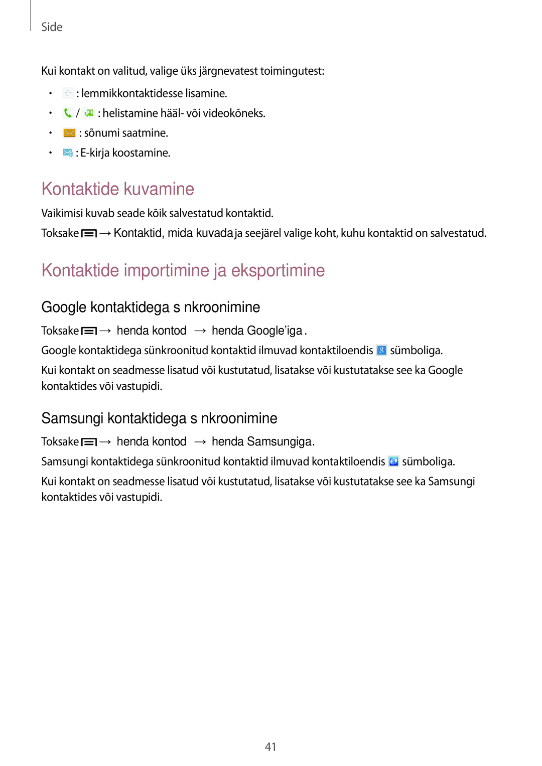 Samsung GT-P5220MKASEB Kontaktide kuvamine, Kontaktide importimine ja eksportimine, Google kontaktidega sünkroonimine 