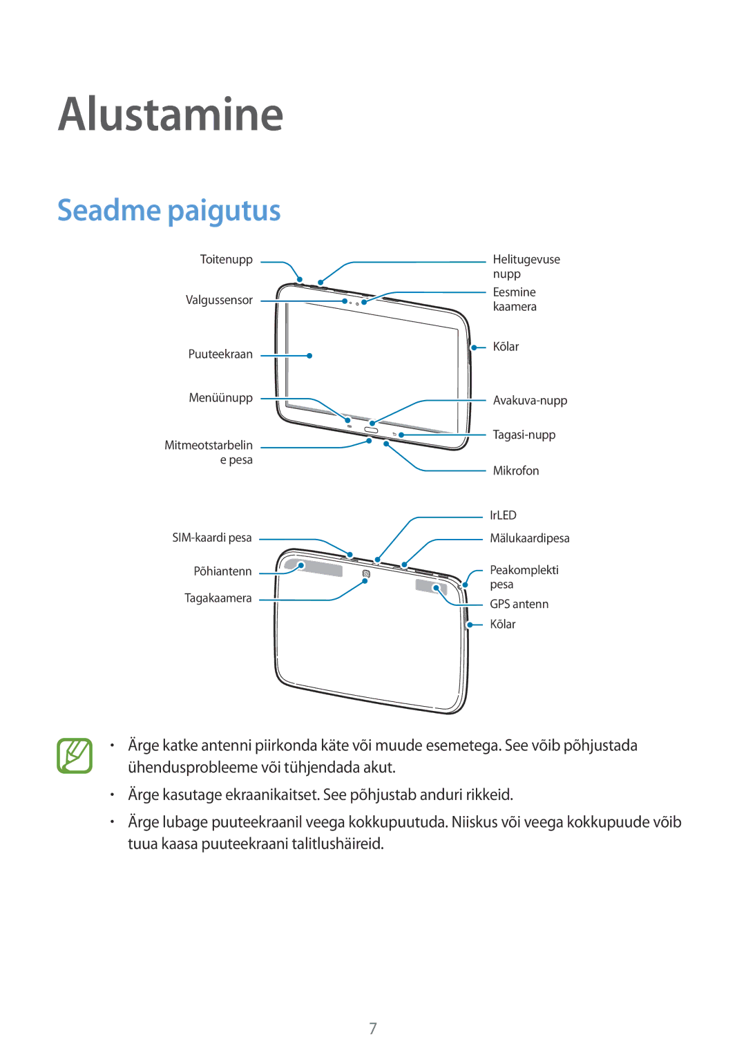 Samsung GT-P5220MKASEB, GT-P5220ZWASEB manual Alustamine, Seadme paigutus 