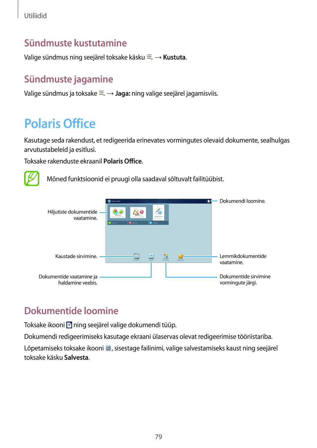 Samsung GT-P5220MKASEB, GT-P5220ZWASEB manual Polaris Office, Sündmuste kustutamine, Sündmuste jagamine, Dokumentide loomine 