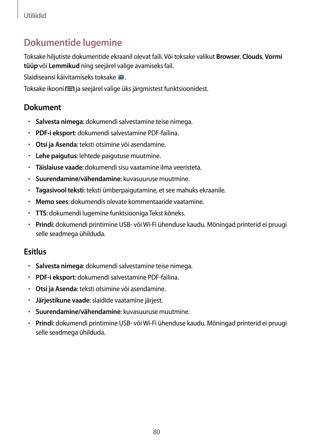 Samsung GT-P5220ZWASEB, GT-P5220MKASEB manual Dokumentide lugemine, Esitlus, Suurendamine/vähendamine kuvasuuruse muutmine 