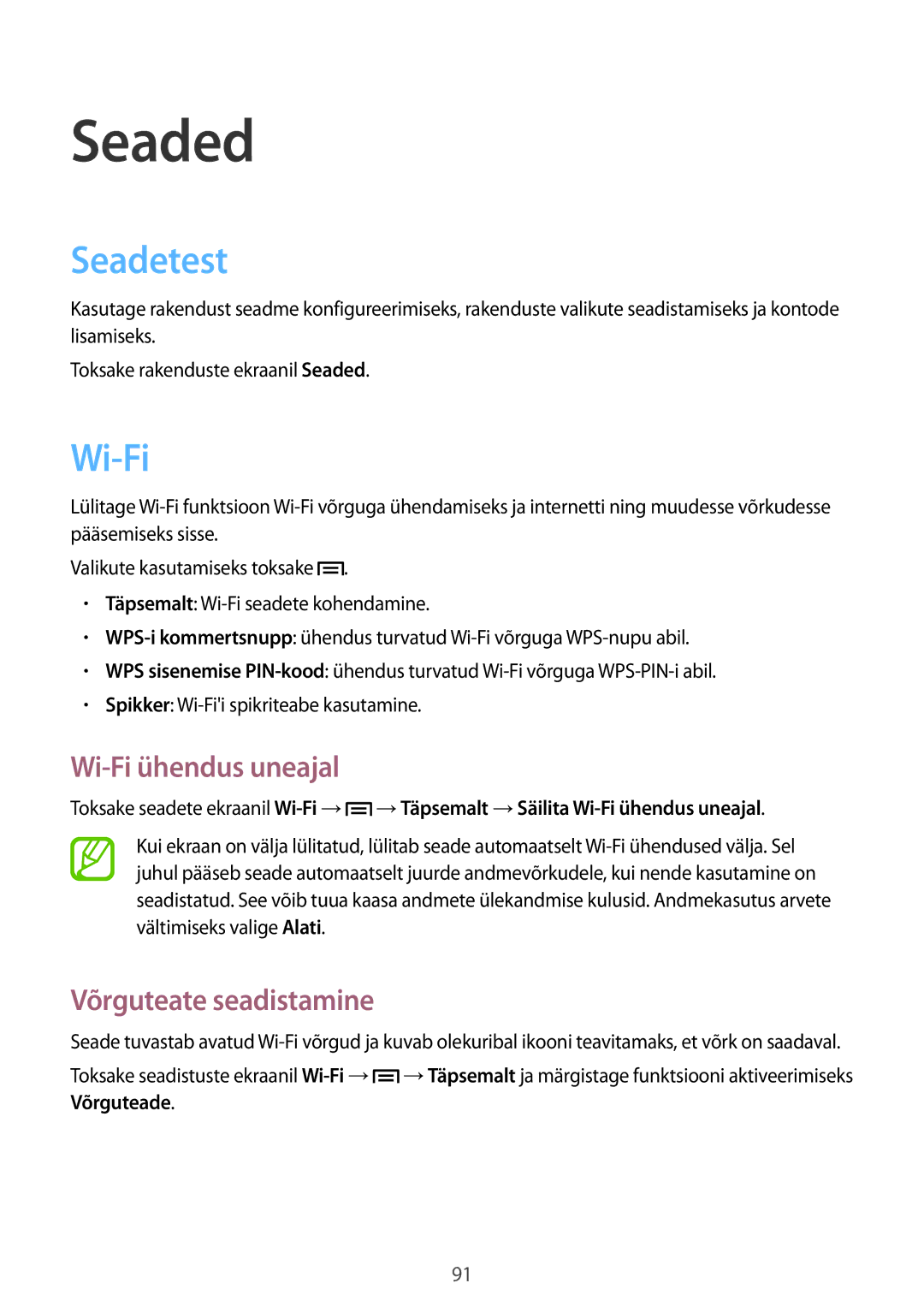 Samsung GT-P5220MKASEB, GT-P5220ZWASEB manual Seaded, Seadetest, Wi-Fi ühendus uneajal, Võrguteate seadistamine 