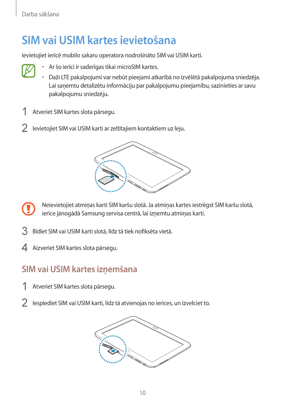 Samsung GT-P5220ZWASEB, GT-P5220MKASEB manual SIM vai Usim kartes ievietošana, SIM vai Usim kartes izņemšana 