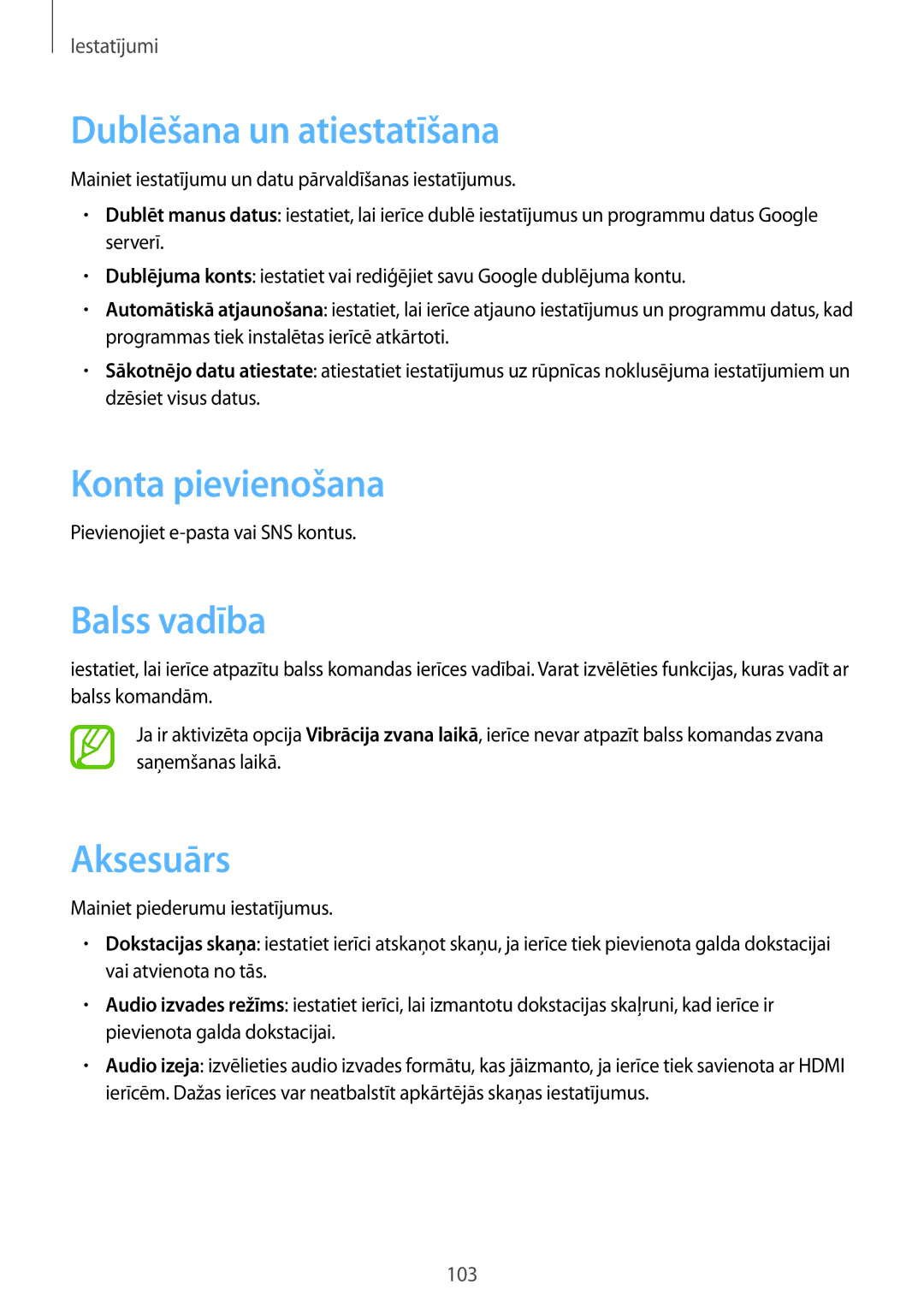 Samsung GT-P5220MKASEB, GT-P5220ZWASEB manual Dublēšana un atiestatīšana, Konta pievienošana, Balss vadība, Aksesuārs 
