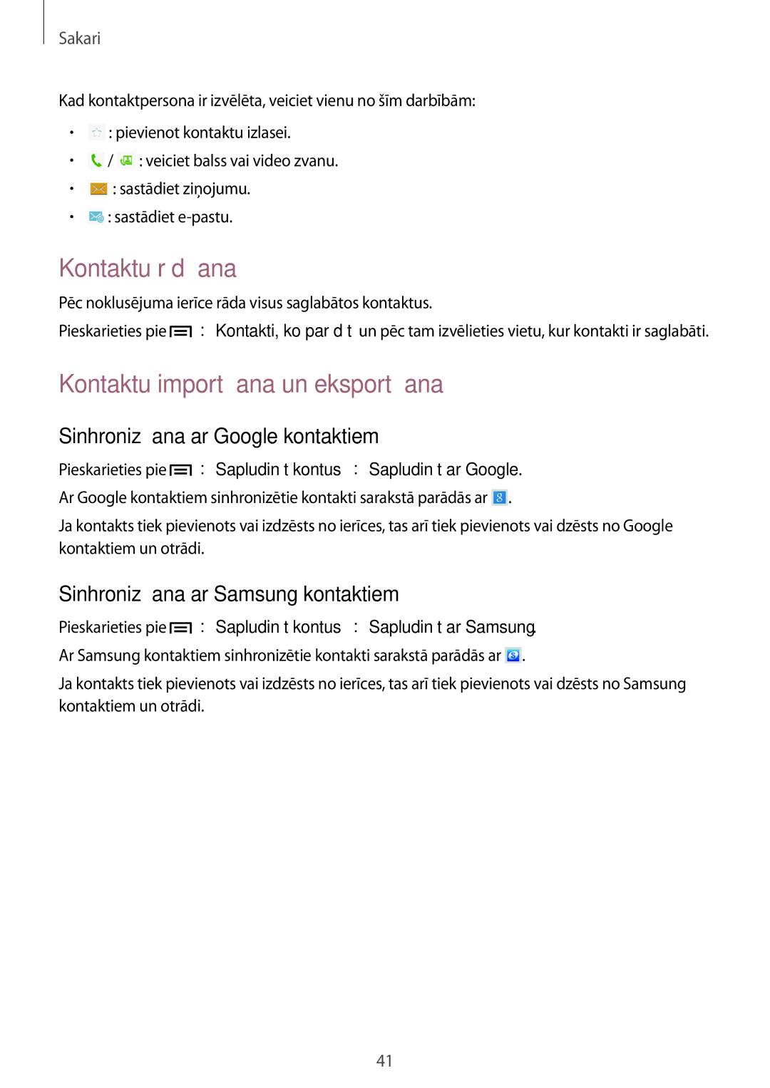 Samsung GT-P5220MKASEB manual Kontaktu rādīšana, Kontaktu importēšana un eksportēšana, Sinhronizēšana ar Google kontaktiem 