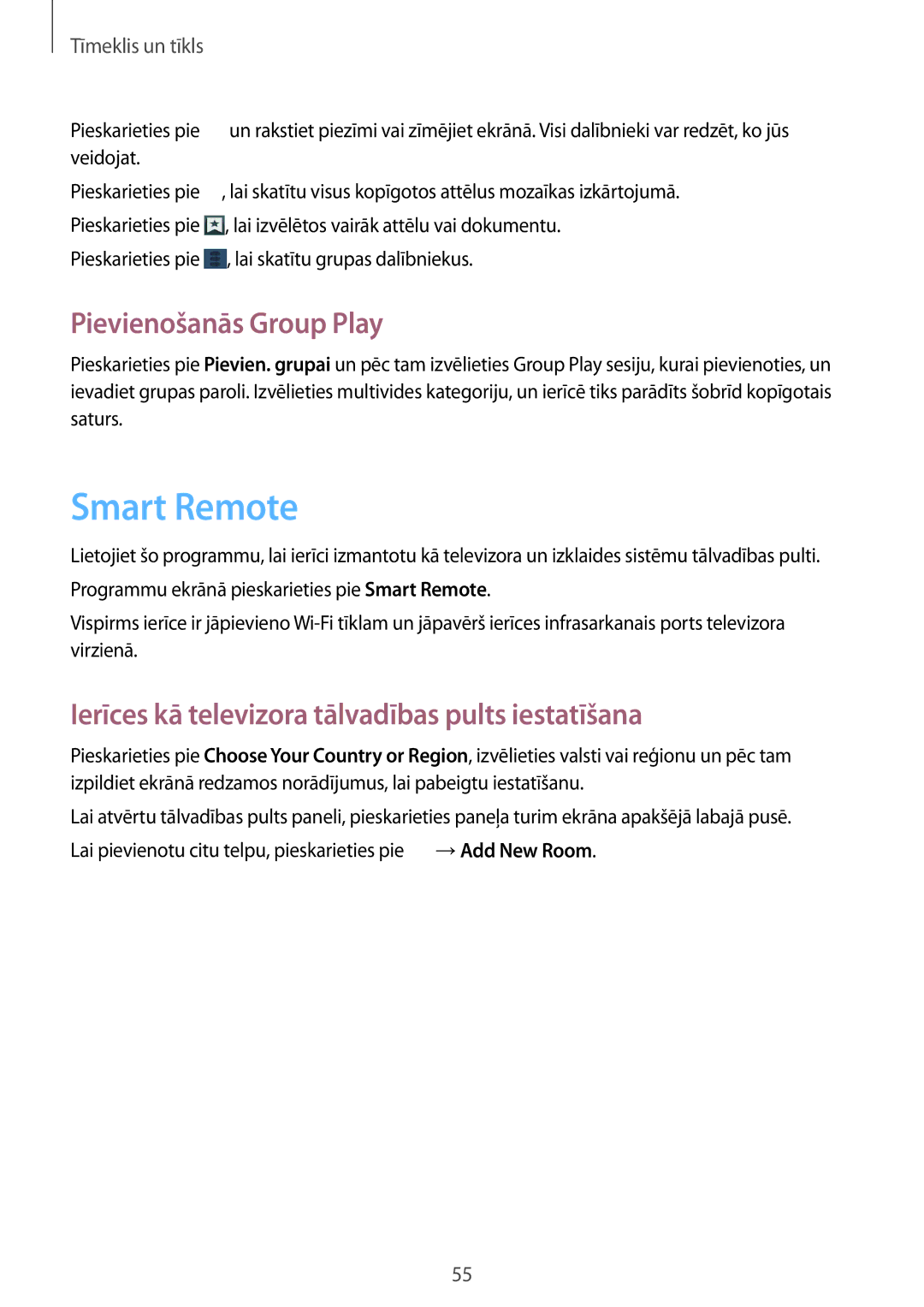 Samsung GT-P5220MKASEB manual Smart Remote, Pievienošanās Group Play, Ierīces kā televizora tālvadības pults iestatīšana 