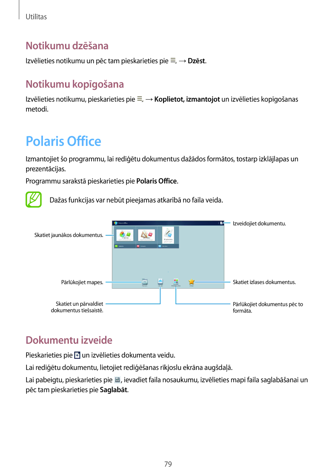 Samsung GT-P5220MKASEB, GT-P5220ZWASEB manual Polaris Office, Notikumu dzēšana, Notikumu kopīgošana, Dokumentu izveide 