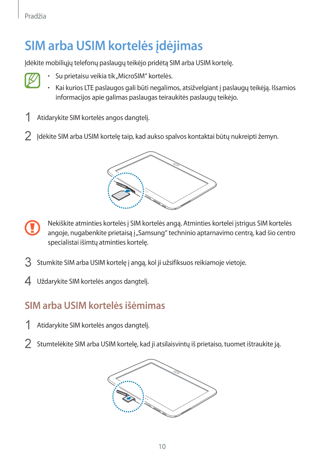 Samsung GT-P5220ZWASEB, GT-P5220MKASEB manual SIM arba Usim kortelės įdėjimas, SIM arba Usim kortelės išėmimas 