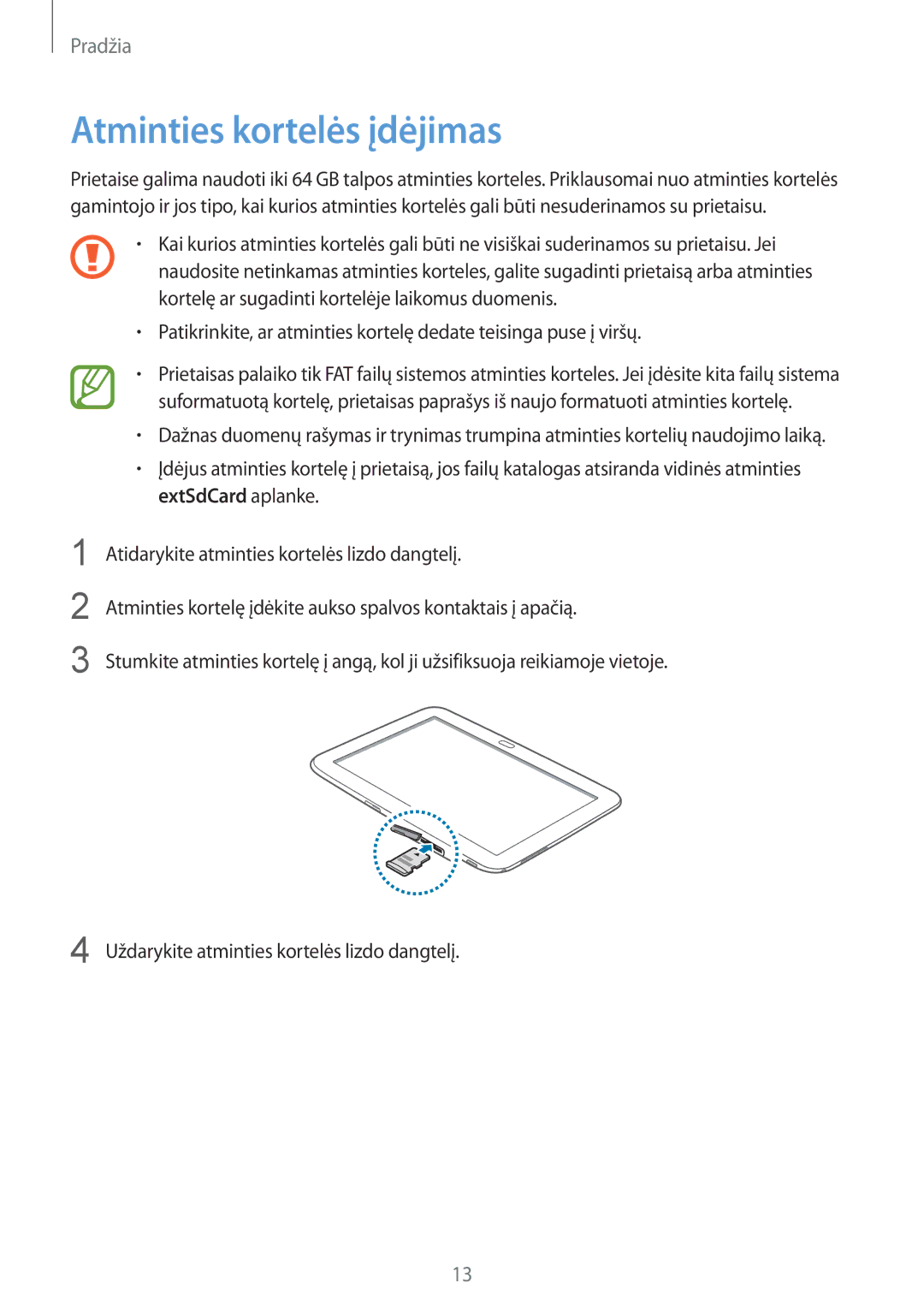 Samsung GT-P5220MKASEB, GT-P5220ZWASEB manual Atminties kortelės įdėjimas 