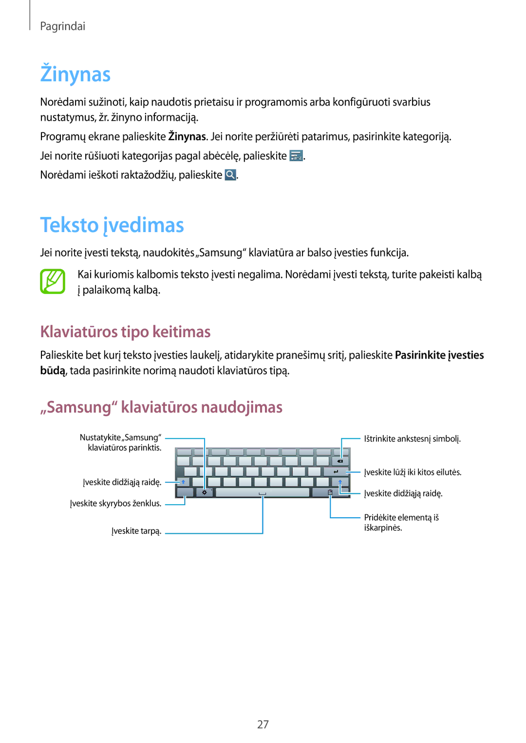 Samsung GT-P5220MKASEB, GT-P5220ZWASEB manual Žinynas, Teksto įvedimas, Klaviatūros tipo keitimas 