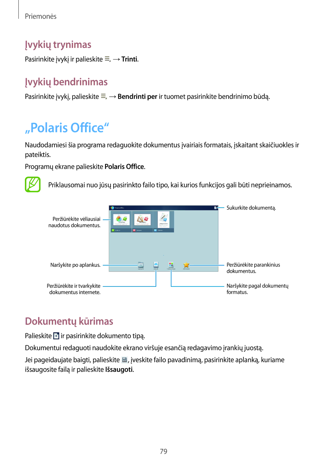 Samsung GT-P5220MKASEB, GT-P5220ZWASEB manual „Polaris Office, Įvykių trynimas, Įvykių bendrinimas, Dokumentų kūrimas 