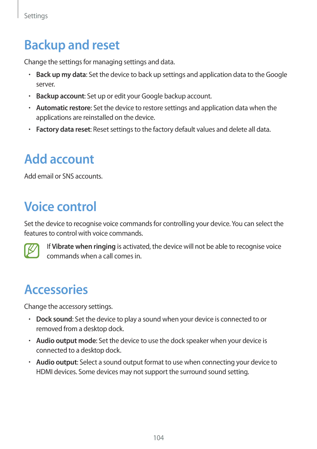 Samsung GT-P5220ZWADBT, GT-P5220ZWASEB, GT-P5220ZWAVD2 manual Backup and reset, Add account, Voice control, Accessories 