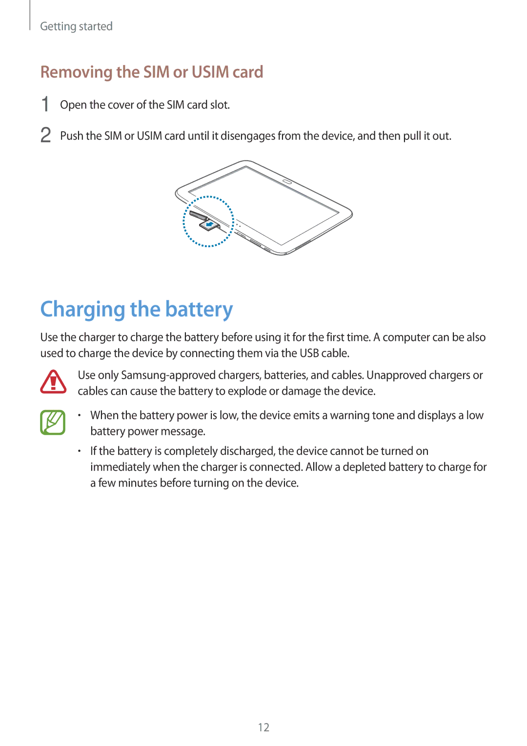 Samsung GT-P5220ZWAATL, GT-P5220ZWASEB, GT-P5220ZWAVD2, GT-P5220MKADBT Charging the battery, Removing the SIM or Usim card 