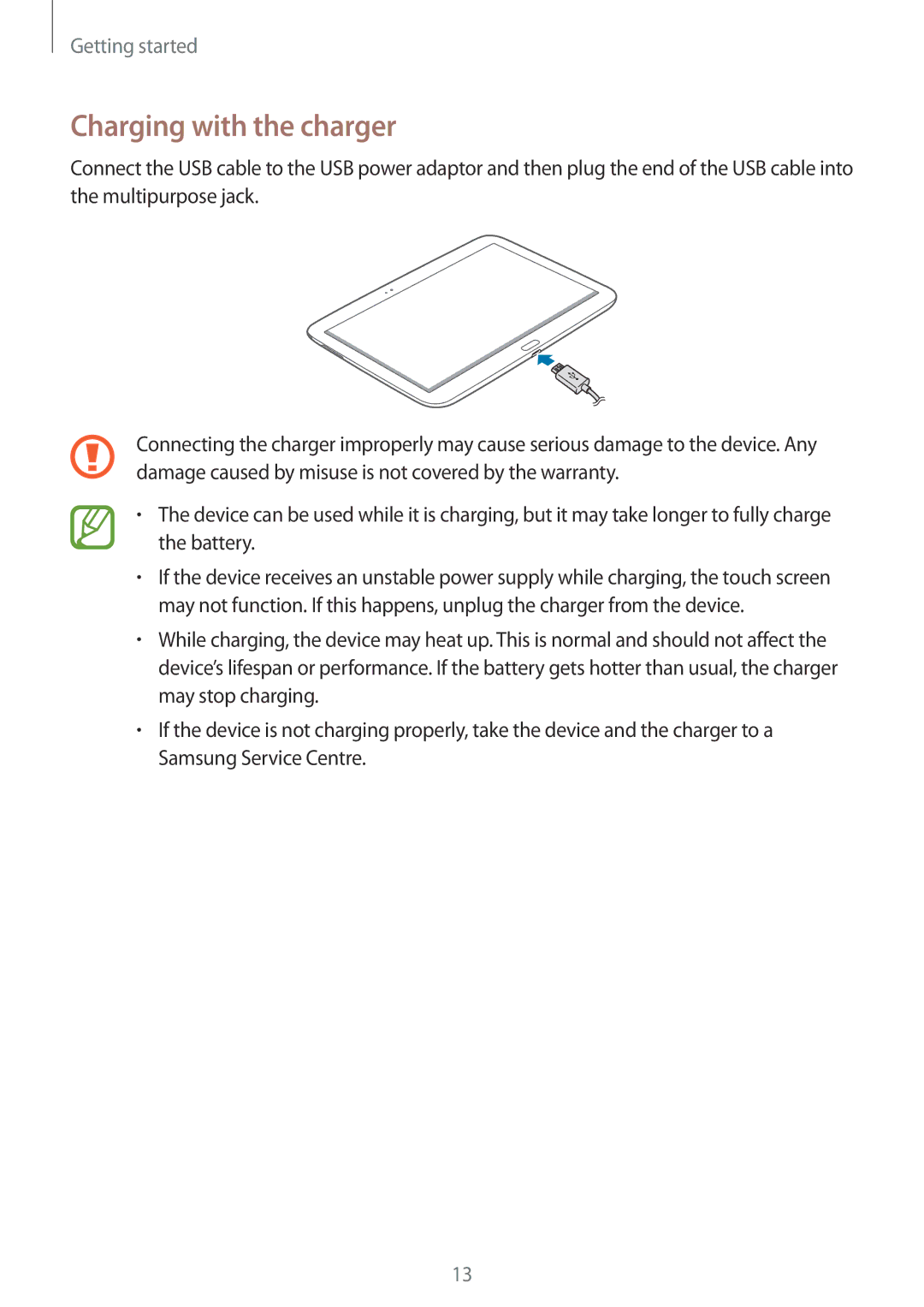 Samsung GT-P5220GNASWC, GT-P5220ZWASEB, GT-P5220ZWAVD2, GT-P5220MKADBT, GT-P5220ZWADTM manual Charging with the charger 