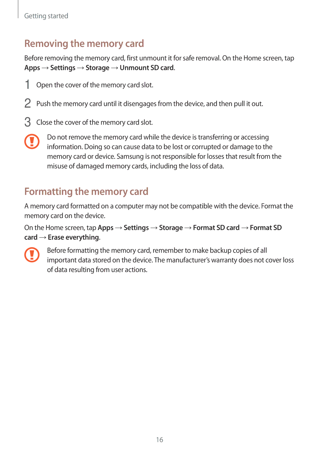 Samsung GT-P5220ZWACRO, GT-P5220ZWASEB, GT-P5220ZWAVD2, GT-P5220MKADBT Removing the memory card, Formatting the memory card 