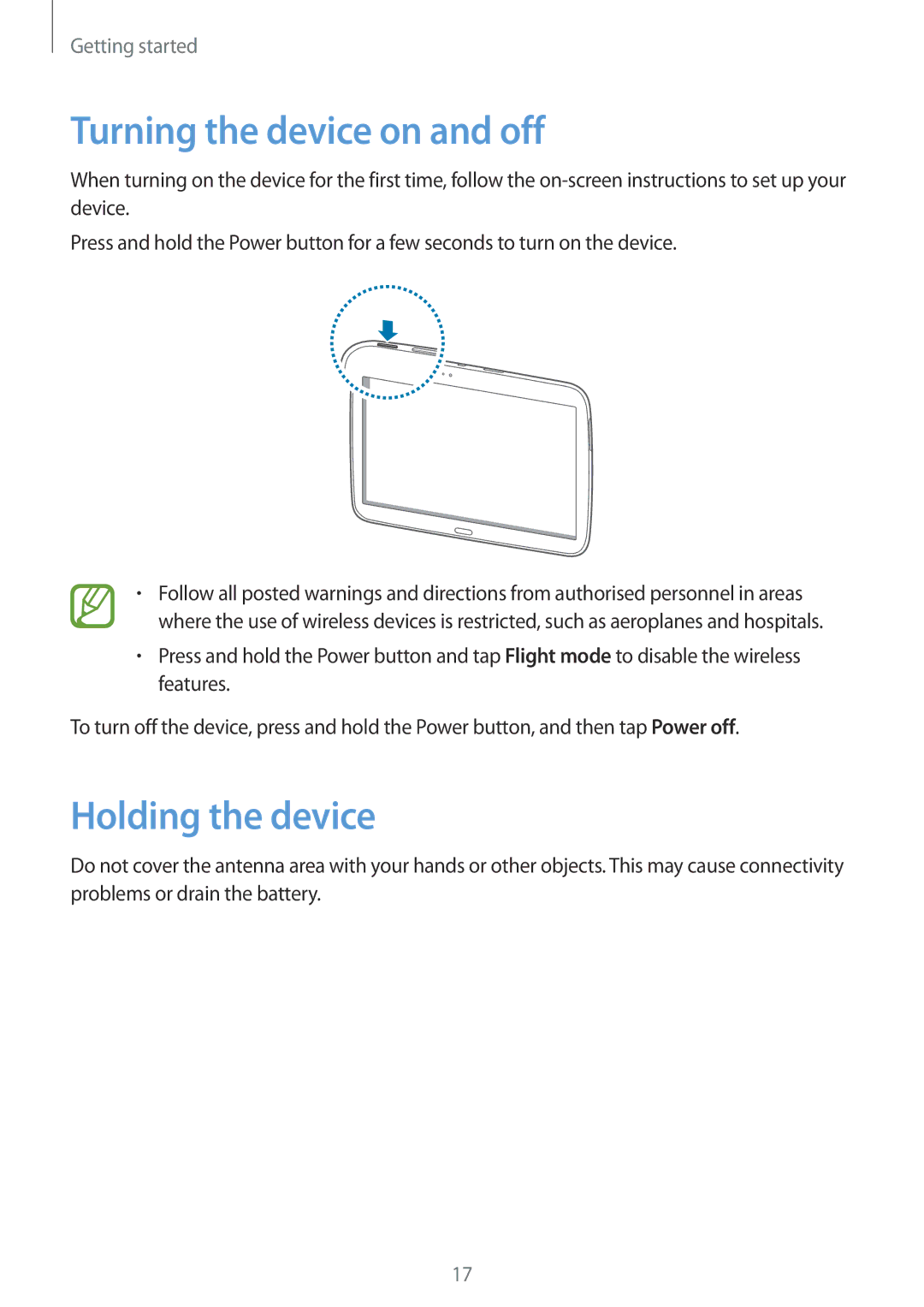 Samsung GT-P5220ZWAORL, GT-P5220ZWASEB, GT-P5220ZWAVD2, GT-P5220MKADBT Turning the device on and off, Holding the device 