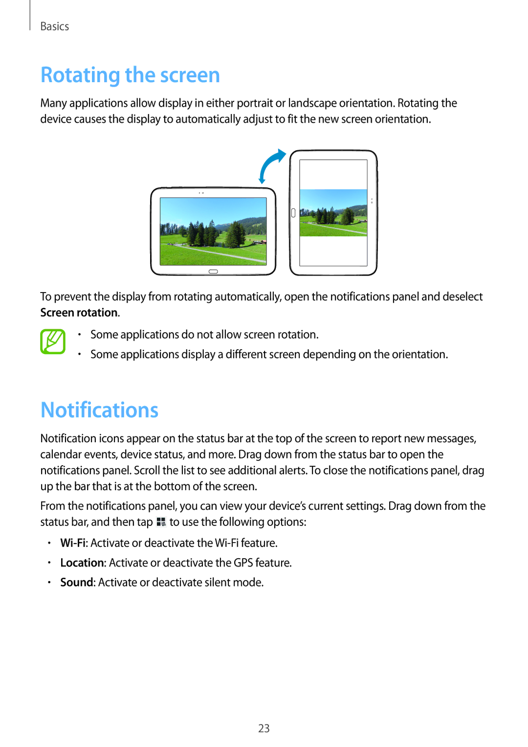 Samsung GT-P5220ZWAAUT, GT-P5220ZWASEB, GT-P5220ZWAVD2, GT-P5220MKADBT, GT-P5220ZWADTM Rotating the screen, Notifications 