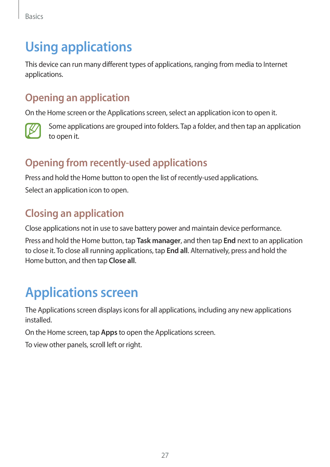 Samsung GT-P5220ZWANEE manual Using applications, Applications screen, Opening an application, Closing an application 