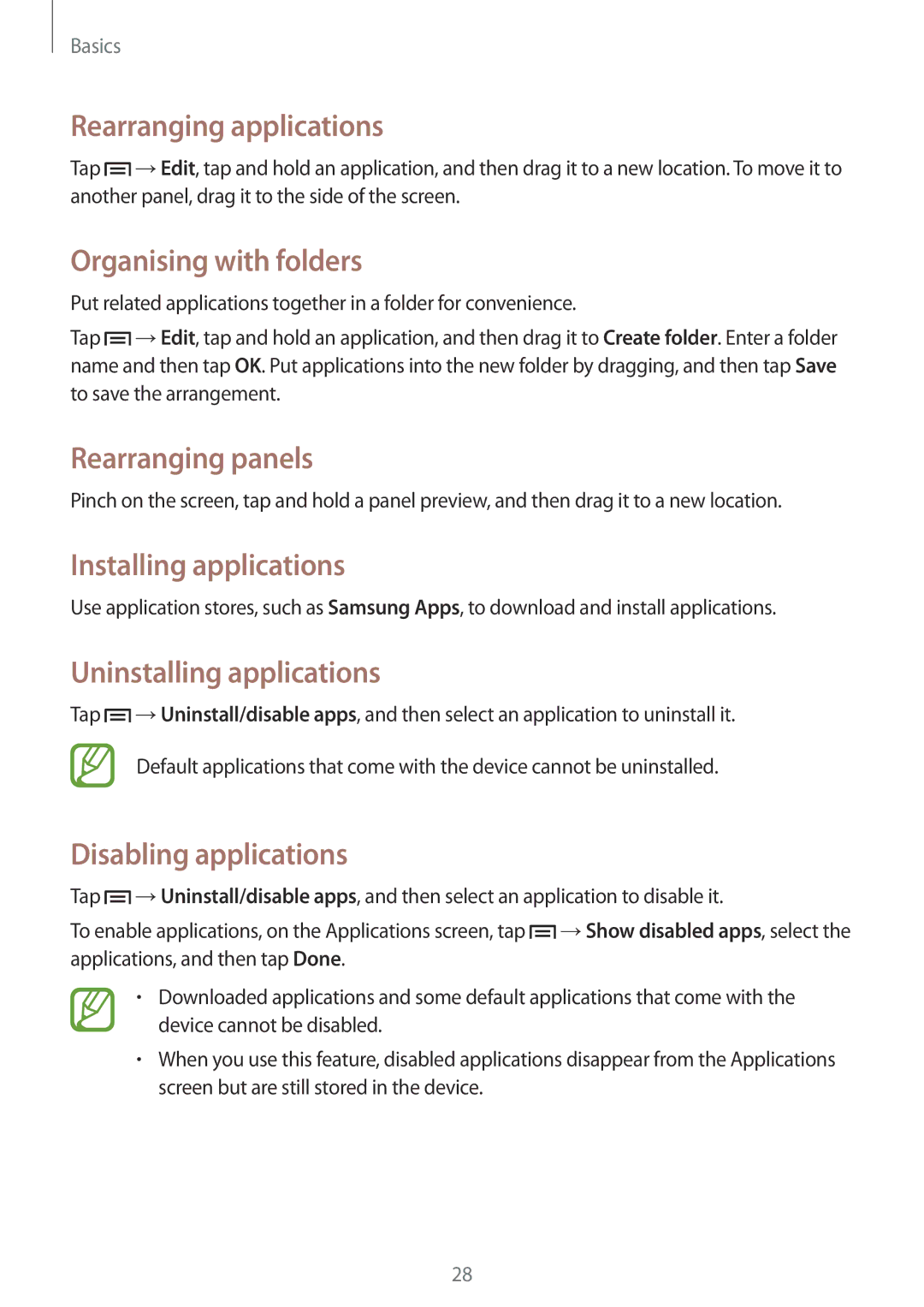 Samsung GT-P5220MKENEE Rearranging applications, Organising with folders, Installing applications, Disabling applications 