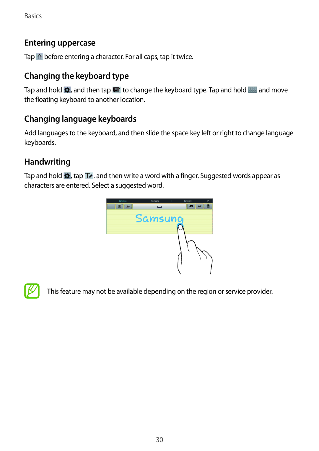 Samsung GT-P5220ZWAVGR manual Entering uppercase, Changing the keyboard type, Changing language keyboards, Handwriting 