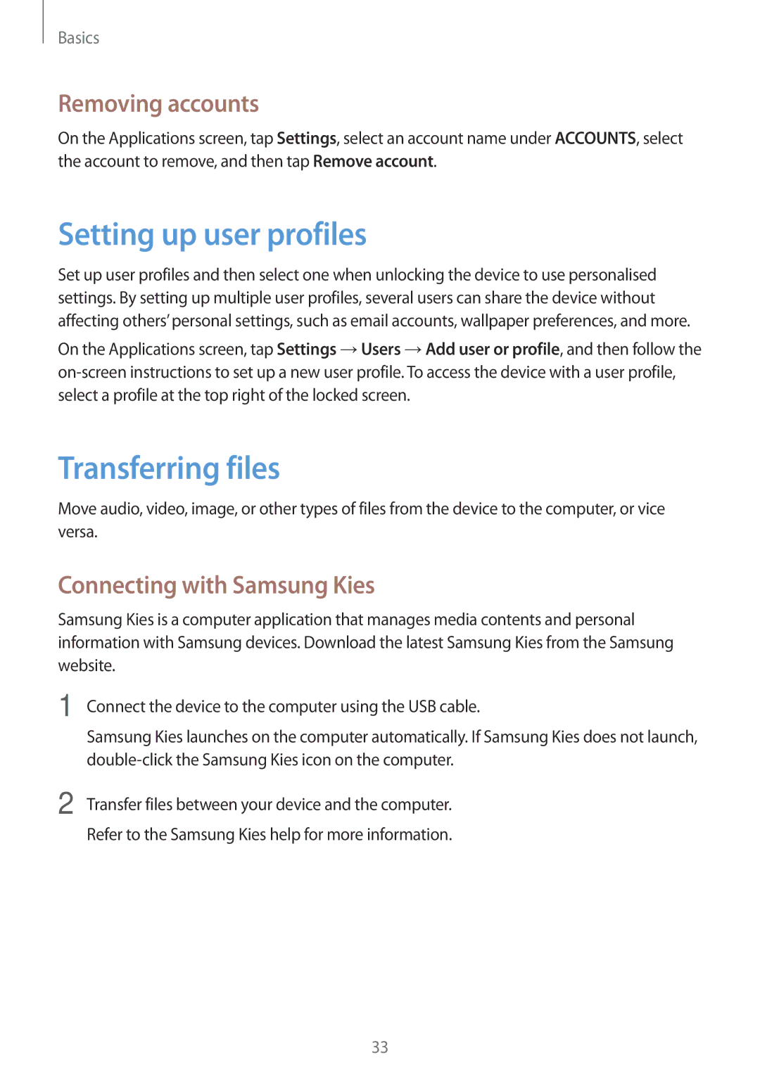 Samsung GT-P5220ZWASEB manual Setting up user profiles, Transferring files, Removing accounts, Connecting with Samsung Kies 