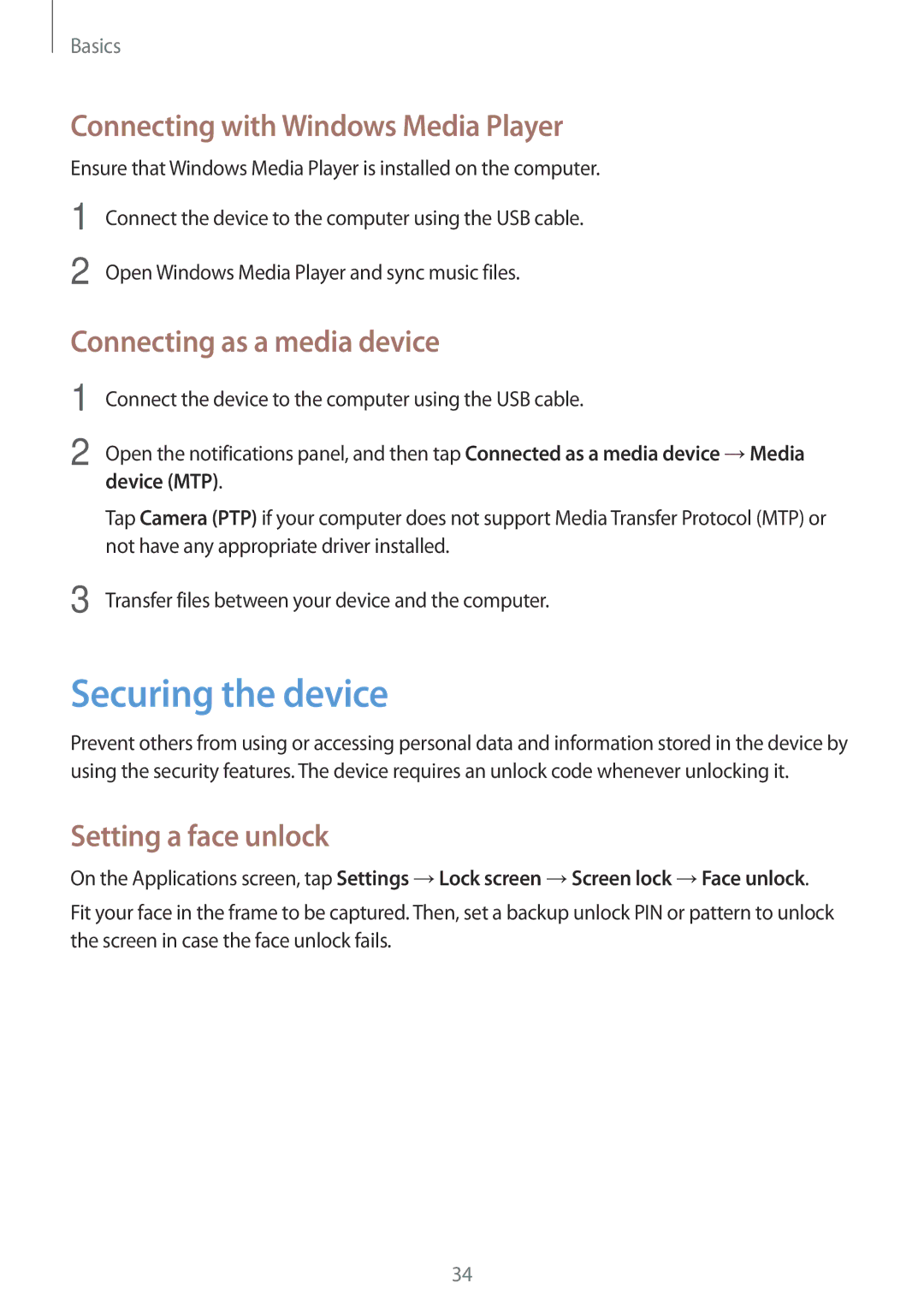 Samsung GT-P5220ZWAVD2 Securing the device, Connecting with Windows Media Player, Connecting as a media device, Device MTP 