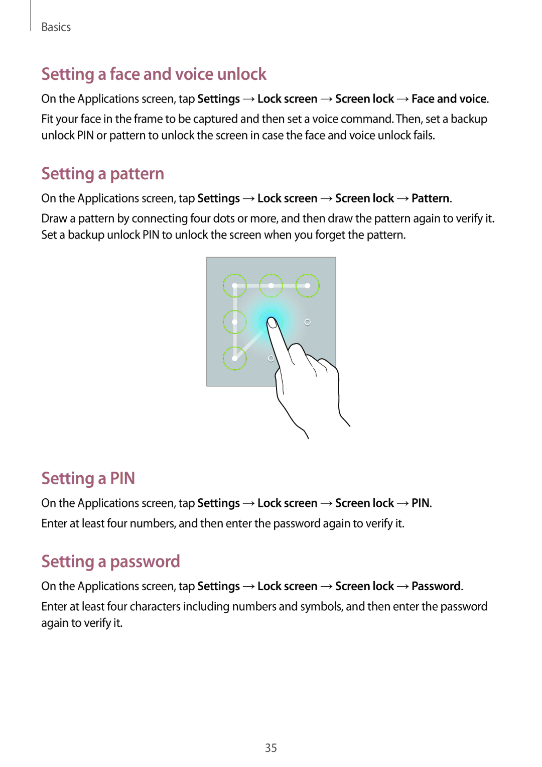 Samsung GT-P5220MKADBT manual Setting a face and voice unlock, Setting a pattern, Setting a PIN, Setting a password 