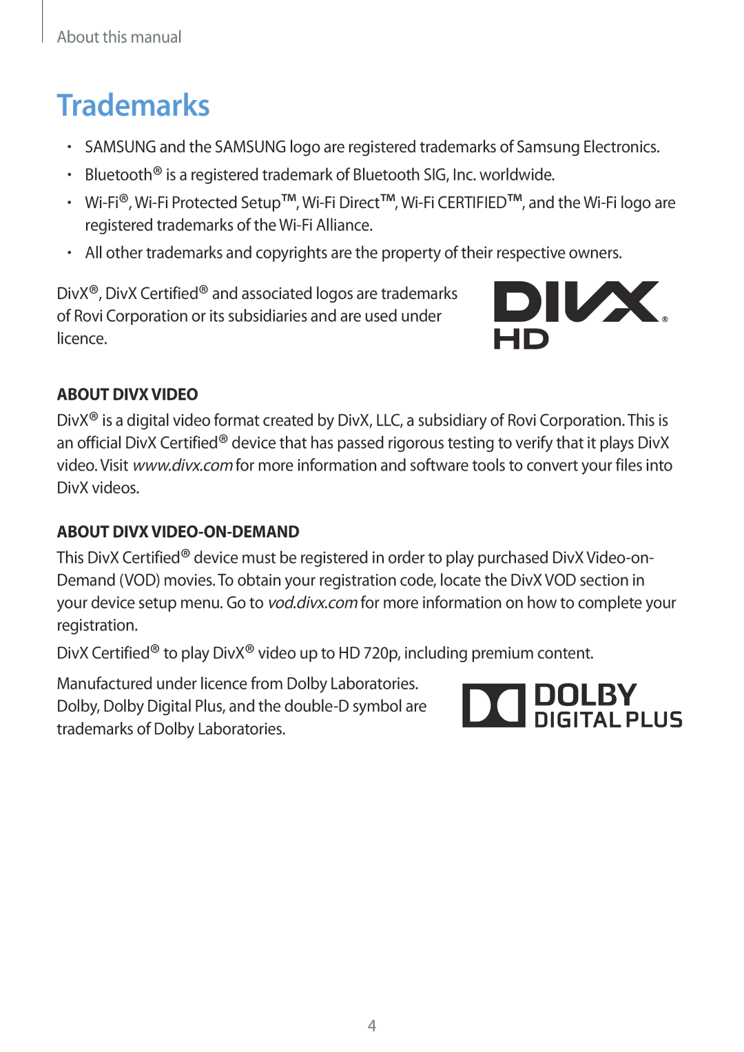 Samsung GT-P5220MKATMN, GT-P5220ZWASEB, GT-P5220ZWAVD2 manual Trademarks, About Divx Video About Divx VIDEO-ON-DEMAND 