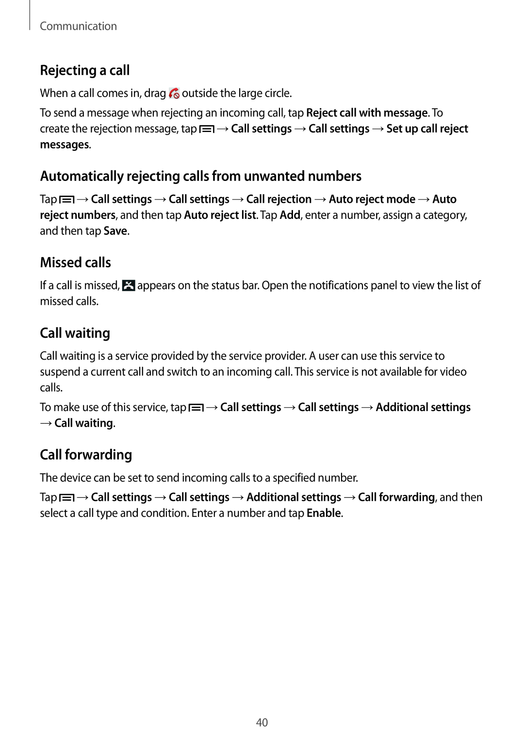 Samsung GT-P5220ZWAXEF Rejecting a call, Automatically rejecting calls from unwanted numbers, Missed calls, Call waiting 