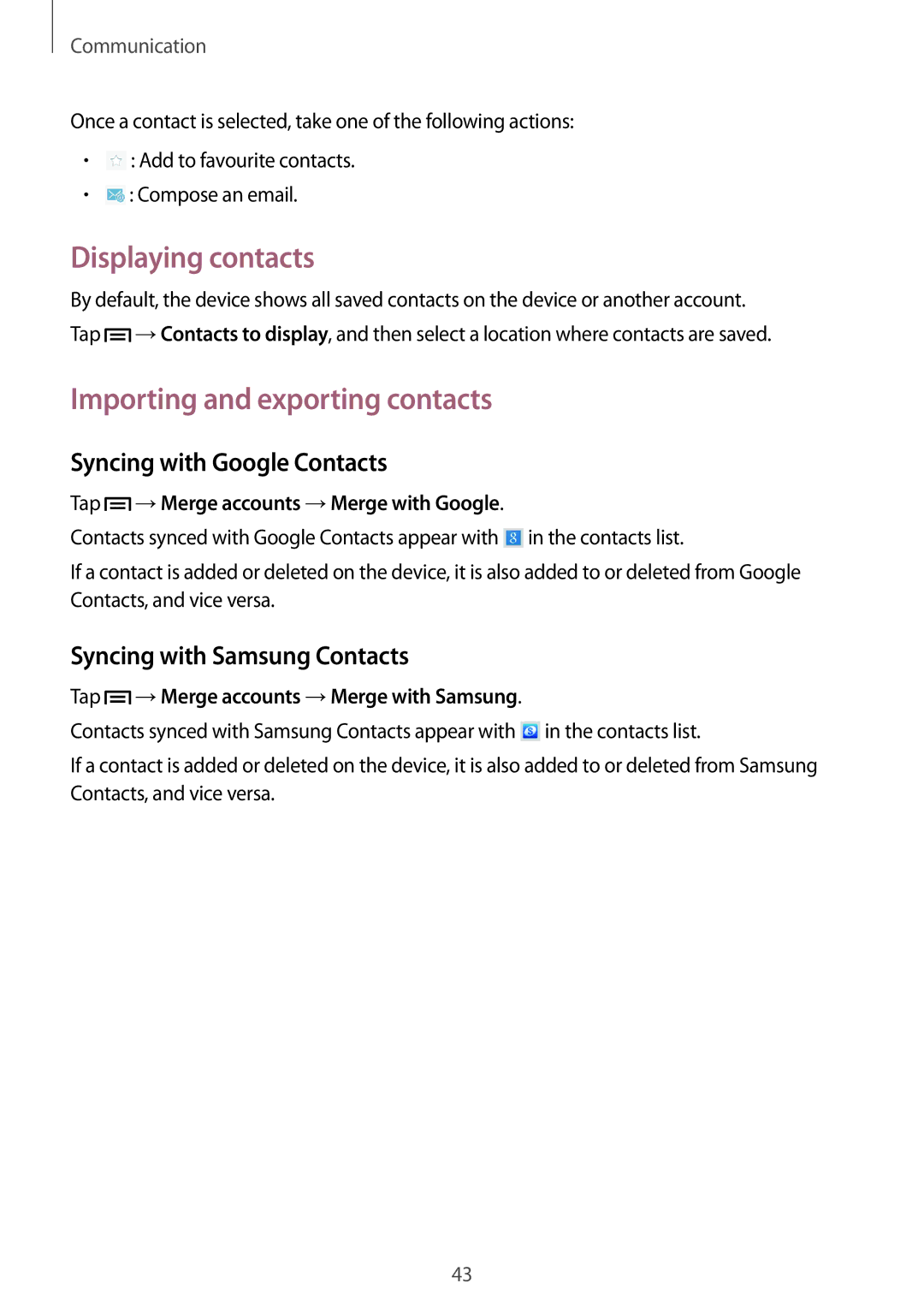 Samsung GT-P5220ZWASFR, GT-P5220ZWASEB Displaying contacts, Importing and exporting contacts, Syncing with Google Contacts 