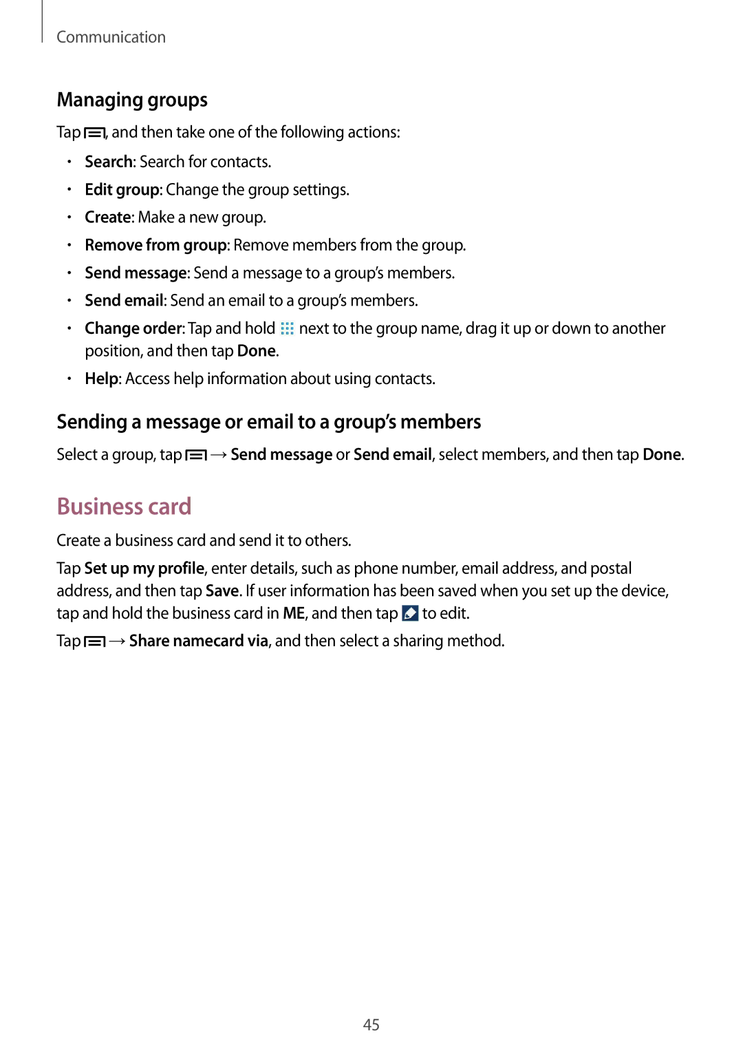 Samsung GT-P5220ZWAATL, GT-P5220ZWASEB Business card, Managing groups, Sending a message or email to a group’s members 