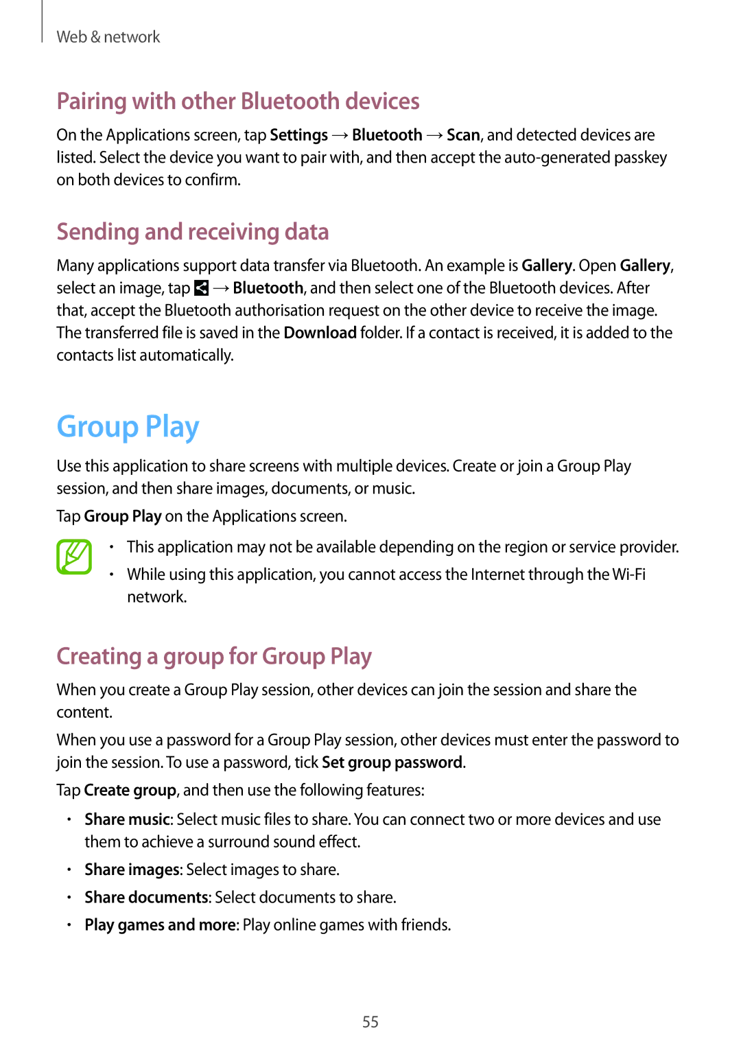 Samsung GT-P5220GNAVDC, GT-P5220ZWASEB manual Group Play, Pairing with other Bluetooth devices, Sending and receiving data 
