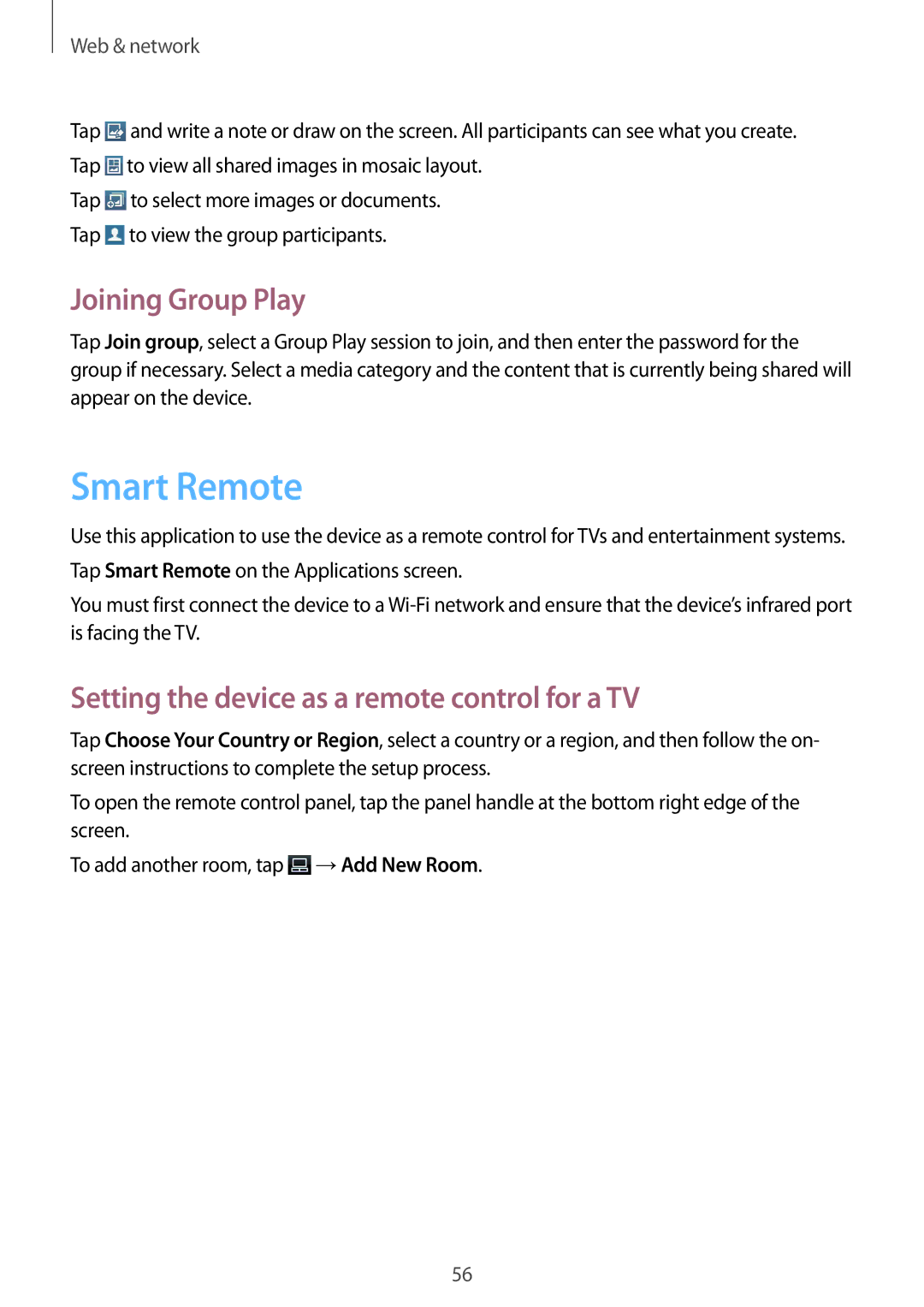 Samsung GT-P5220ZWAAUT, GT-P5220ZWASEB Smart Remote, Joining Group Play, Setting the device as a remote control for a TV 