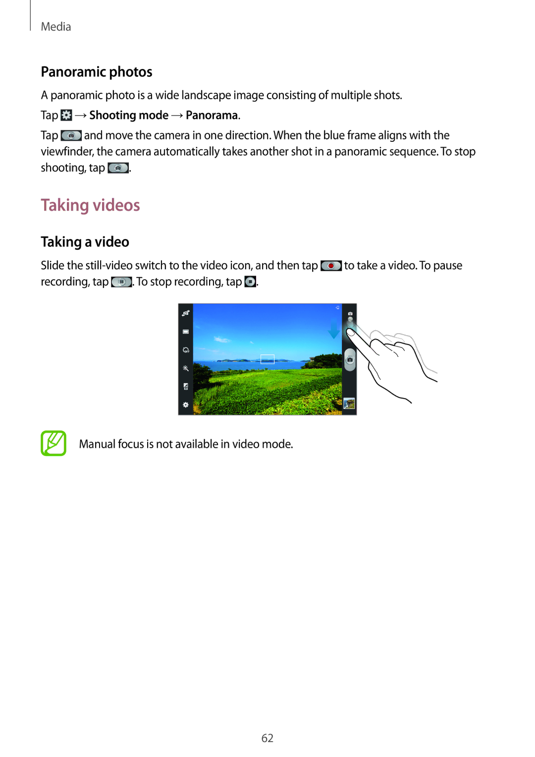 Samsung GT-P5220ZWENEE, GT-P5220ZWASEB manual Taking videos, Panoramic photos, Taking a video, Tap →Shooting mode →Panorama 