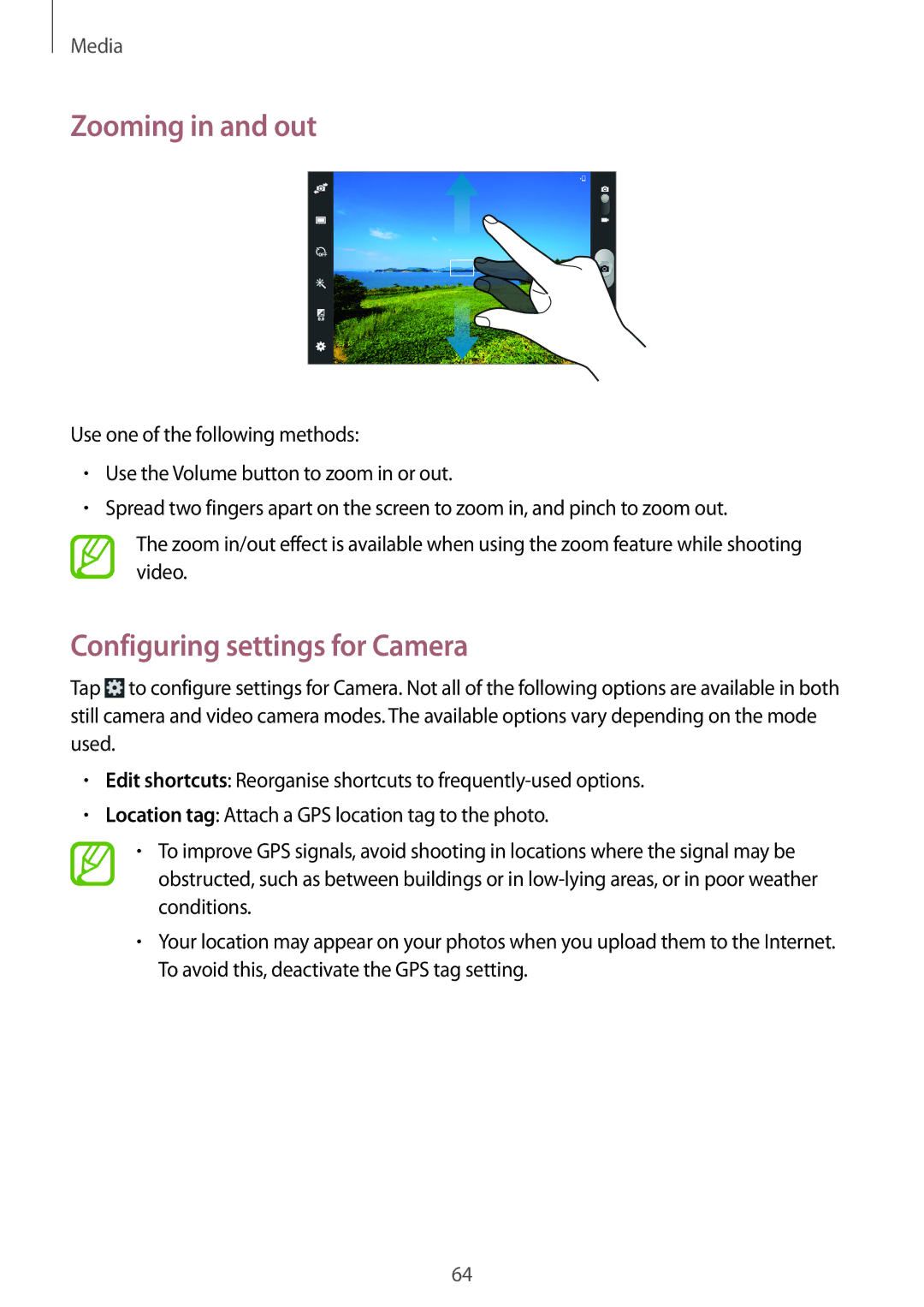 Samsung GT-P5220ZWATMH, GT-P5220ZWASEB, GT-P5220ZWAVD2, GT-P5220MKADBT Zooming in and out, Configuring settings for Camera 