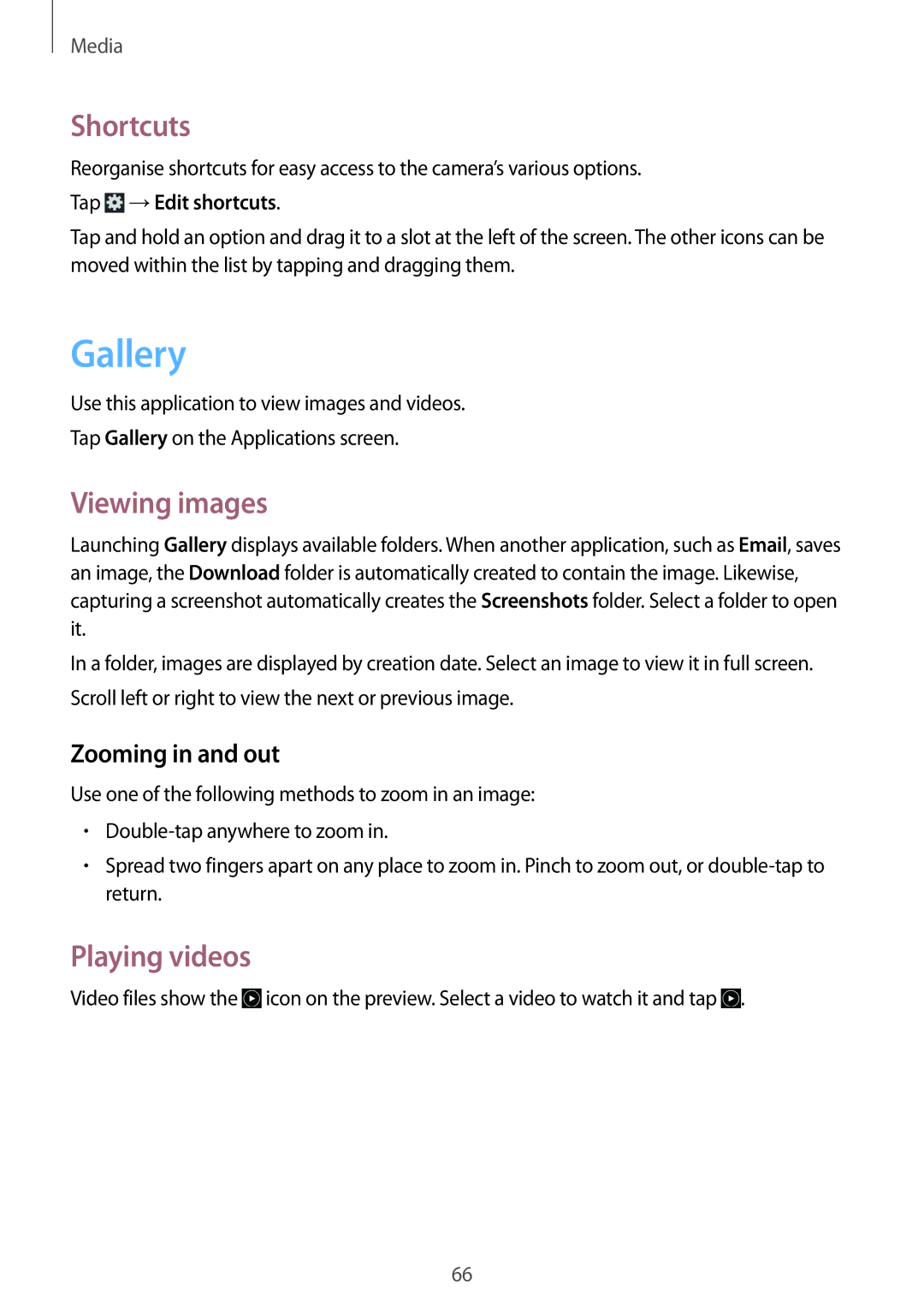 Samsung GT-P5220ZWASEB, GT-P5220ZWAVD2 manual Gallery, Shortcuts, Viewing images, Playing videos, Zooming in and out 