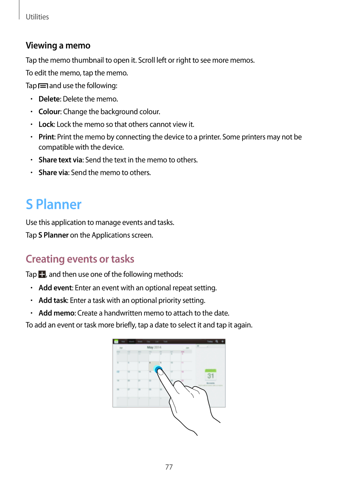 Samsung GT-P5220ZWATIM, GT-P5220ZWASEB, GT-P5220ZWAVD2, GT-P5220MKADBT Planner, Creating events or tasks, Viewing a memo 