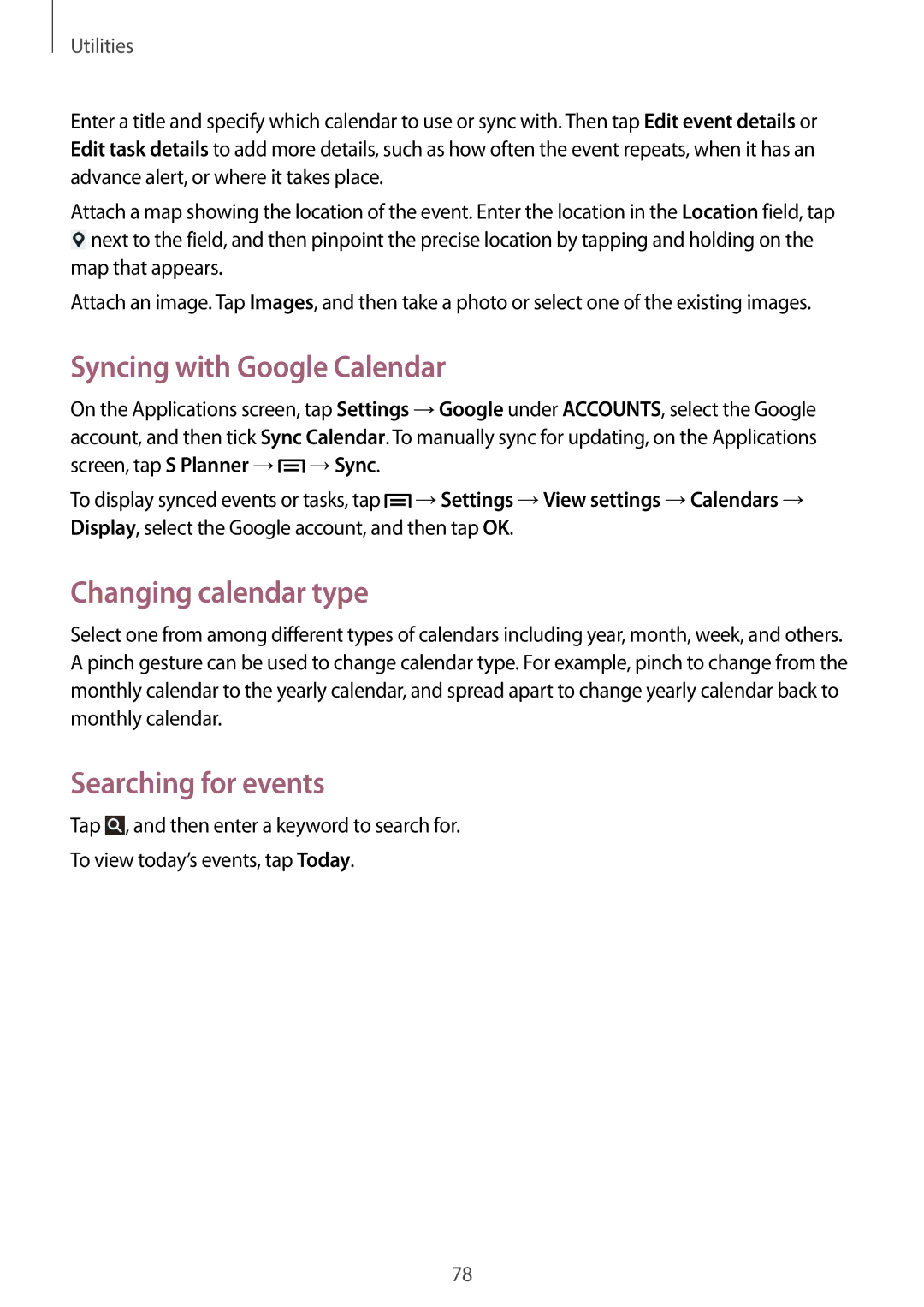 Samsung GT-P5220ZWAATL, GT-P5220ZWASEB manual Syncing with Google Calendar, Changing calendar type, Searching for events 