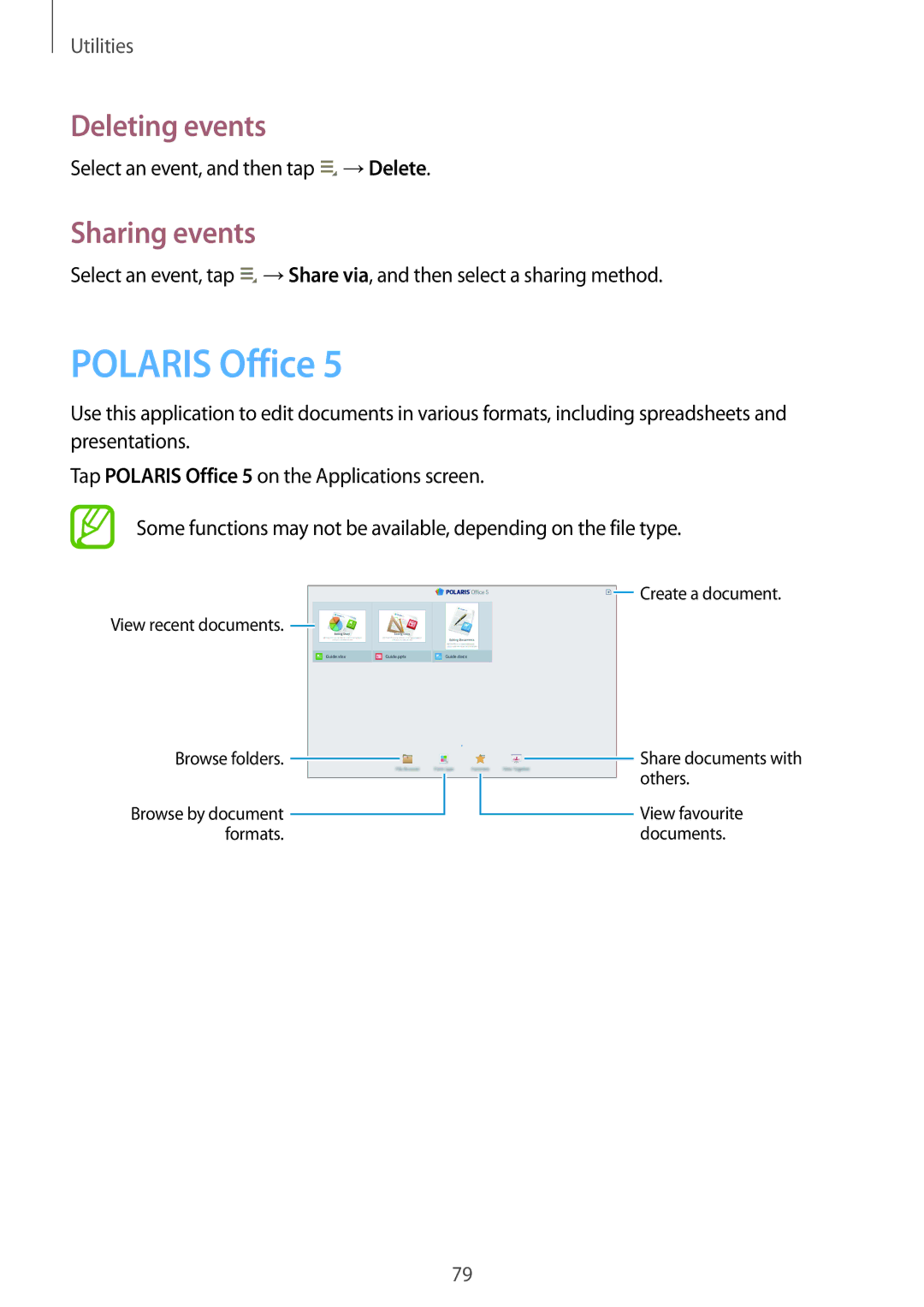 Samsung GT-P5220GNASWC, GT-P5220ZWASEB, GT-P5220ZWAVD2, GT-P5220MKADBT manual Polaris Office, Deleting events, Sharing events 