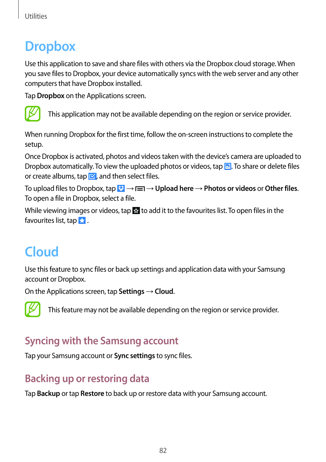 Samsung GT-P5220ZWACRO, GT-P5220ZWASEB manual Dropbox, Cloud, Syncing with the Samsung account, Backing up or restoring data 