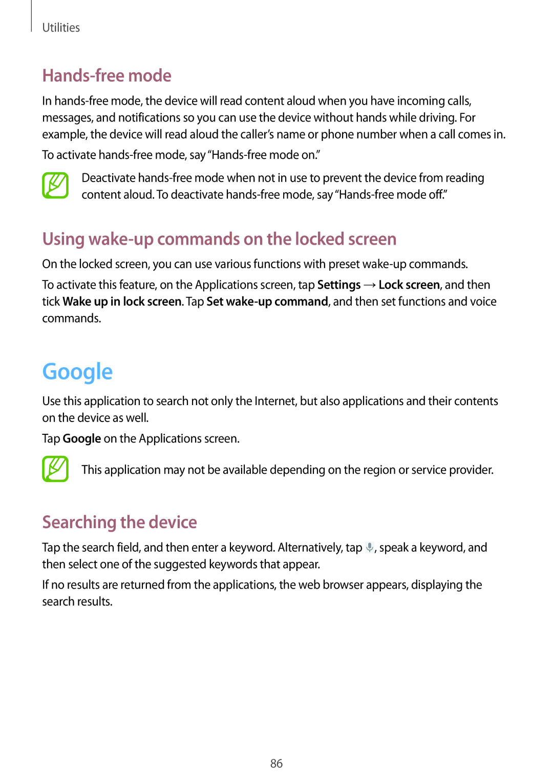 Samsung GT-P5220GNAAUT manual Google, Hands-free mode, Using wake-up commands on the locked screen, Searching the device 
