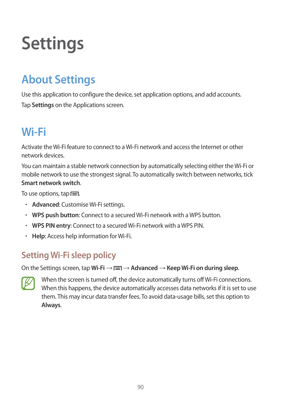 Samsung GT-P5220GRENEE, GT-P5220ZWASEB, GT-P5220ZWAVD2, GT-P5220MKADBT About Settings, Setting Wi-Fi sleep policy 