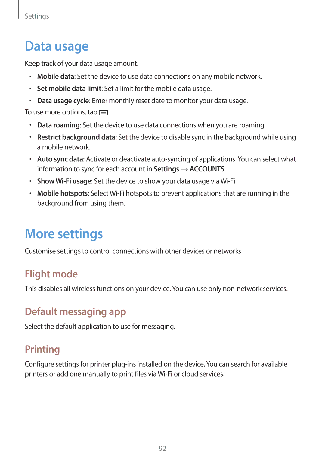 Samsung GT-P5220GNANEE, GT-P5220ZWASEB manual Data usage, More settings, Flight mode, Default messaging app, Printing 