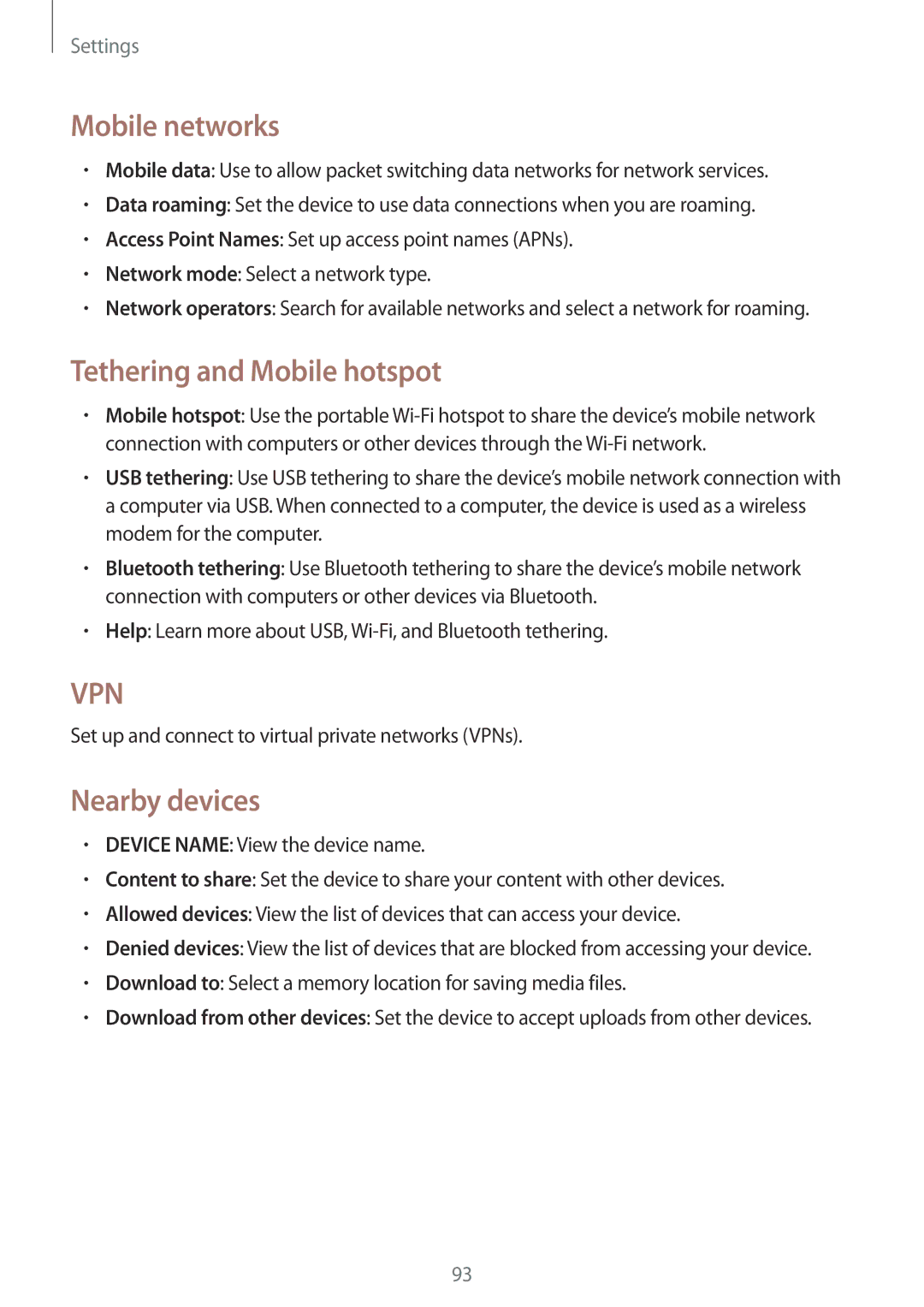 Samsung GT-P5220ZWANEE, GT-P5220ZWASEB, GT-P5220ZWAVD2 manual Mobile networks, Tethering and Mobile hotspot, Nearby devices 