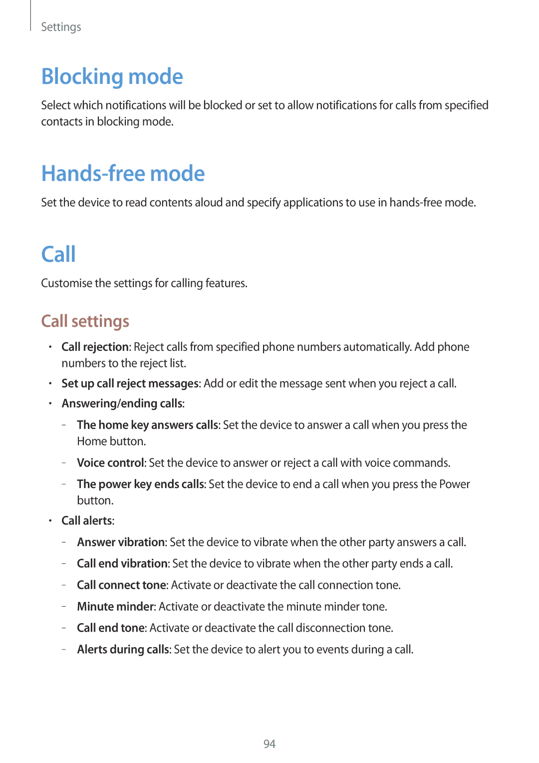 Samsung GT-P5220MKENEE, GT-P5220ZWASEB, GT-P5220ZWAVD2, GT-P5220MKADBT Blocking mode, Hands-free mode, Call settings 