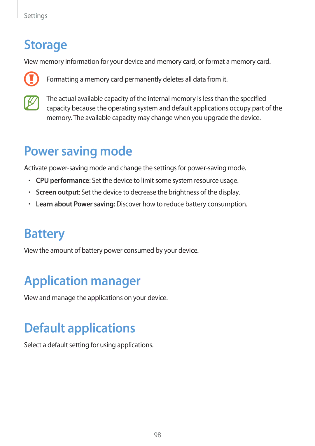 Samsung GT-P5220MKAPAN, GT-P5220ZWASEB manual Storage, Power saving mode, Battery, Application manager, Default applications 